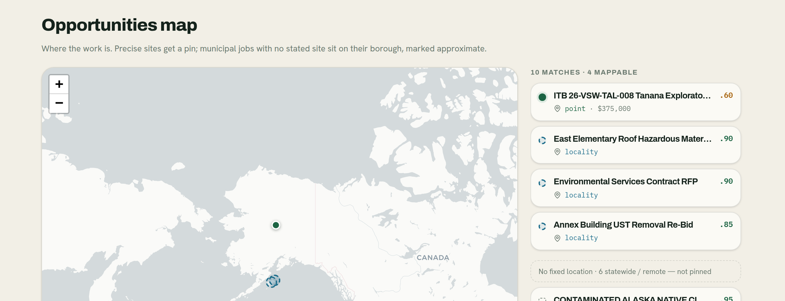 Open Alaska opportunities pinned on a map, precise sites and borough markers